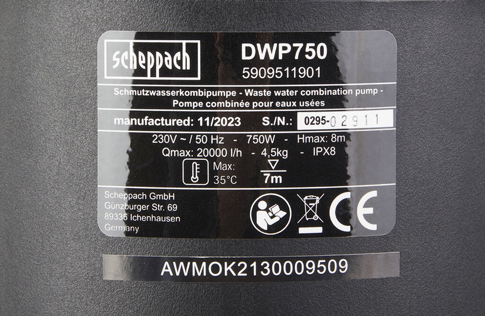 Scheppach Schmutzwasserkombipumpe DWP750, 20000L/h