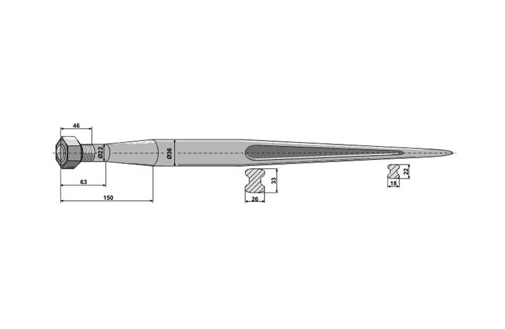 Spitzer Zinken, M22 x 1,5 - 1.100 mm