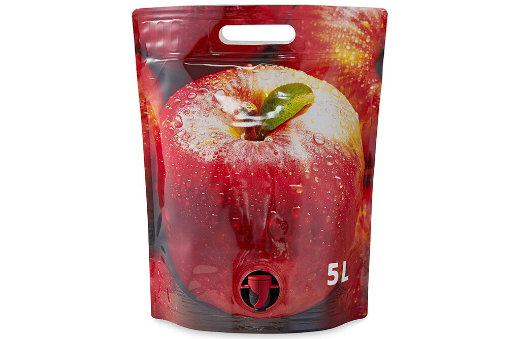 20x Standbodenbeutel Super Pouch 5 Liter mit Zapfhahn, Tragegriff & Apfelmotiv