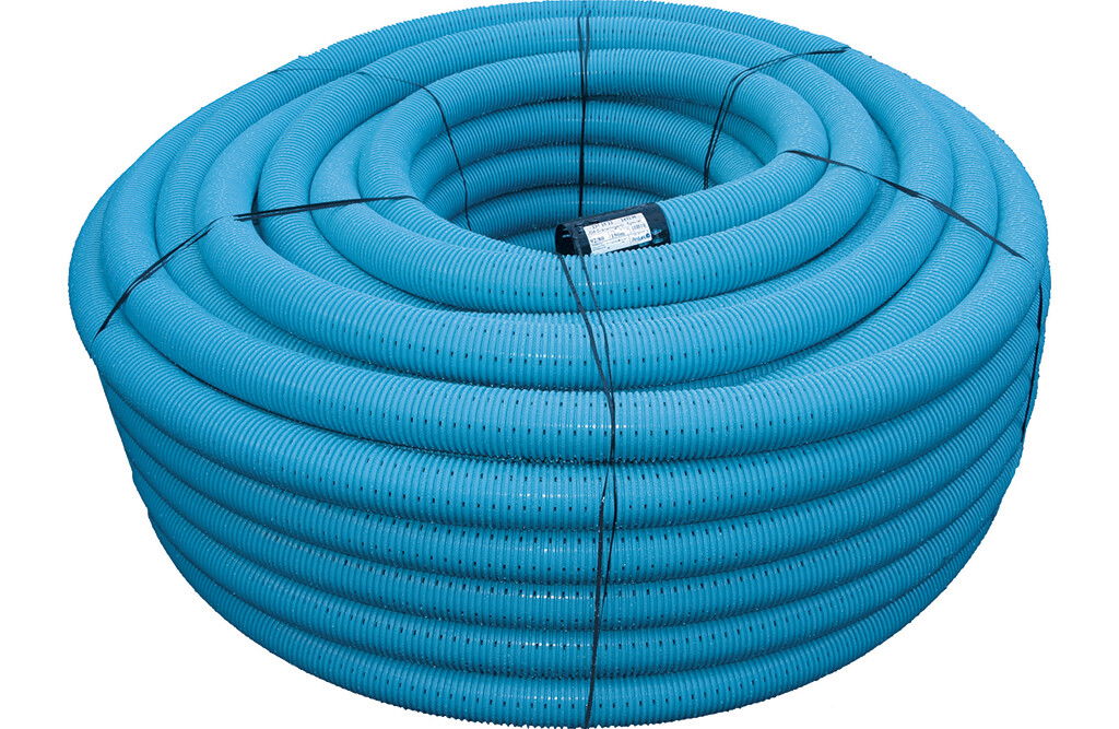 50m Drainagerohr blau, geschlitzt, inkl. Muffe, Maße wählbar