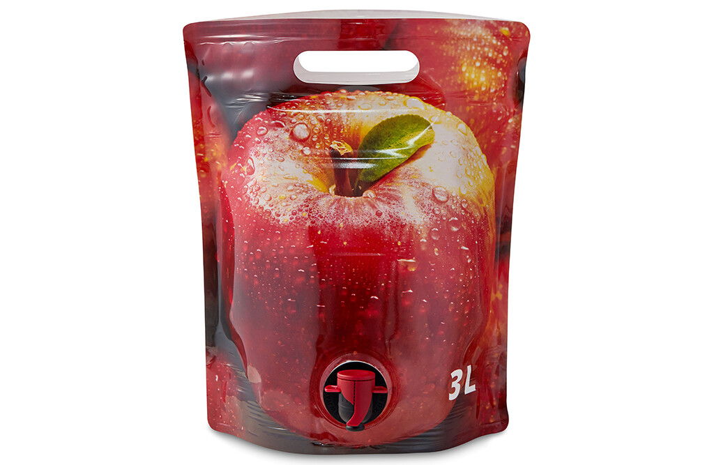 20x Standbodenbeutel Super Pouch 3 Liter mit Zapfhahn, Tragegriff & Apfelmotiv