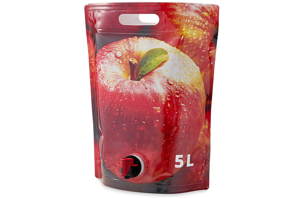 20x Standbodenbeutel Super Pouch 5 Liter mit Zapfhahn, Tragegriff & Apfelmotiv