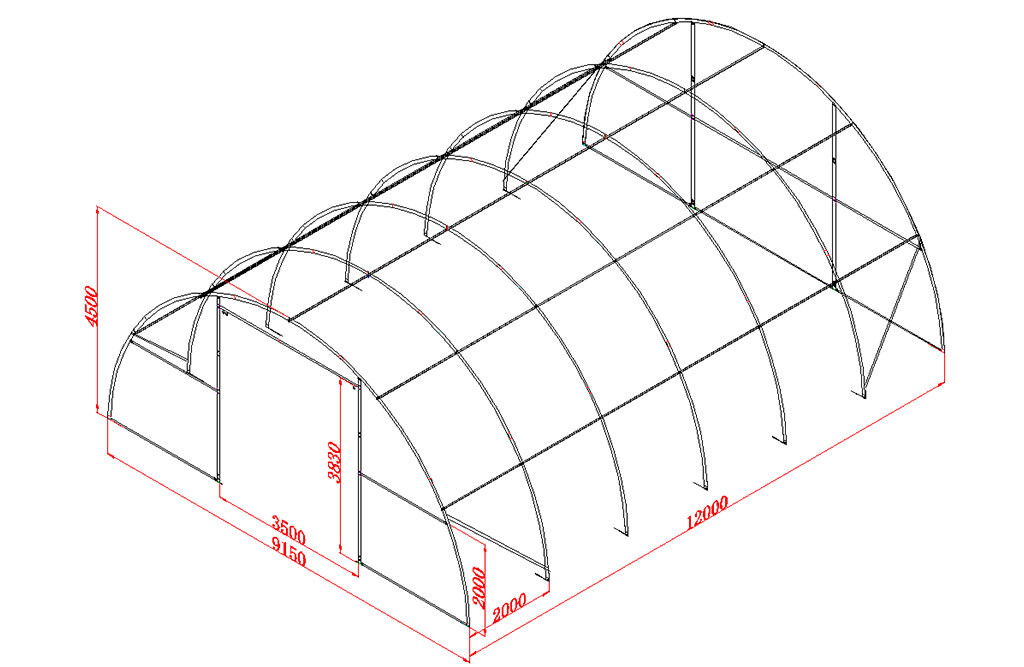 Rundbogenhalle 12 x 9,15 x 4,5m, PVC-Plane 610 g/m²