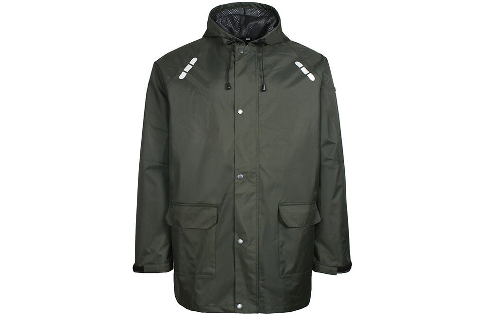 PU-Regenjacke mit Mütze und Reflektoren, olivgrün