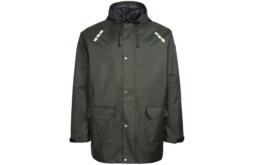 PU-Regenjacke mit Mütze und Reflektoren, olivgrün