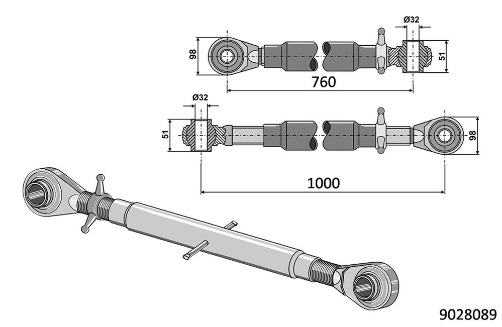 Oberlenker Kat 2, M30 x 3,2, 415 - 515mm